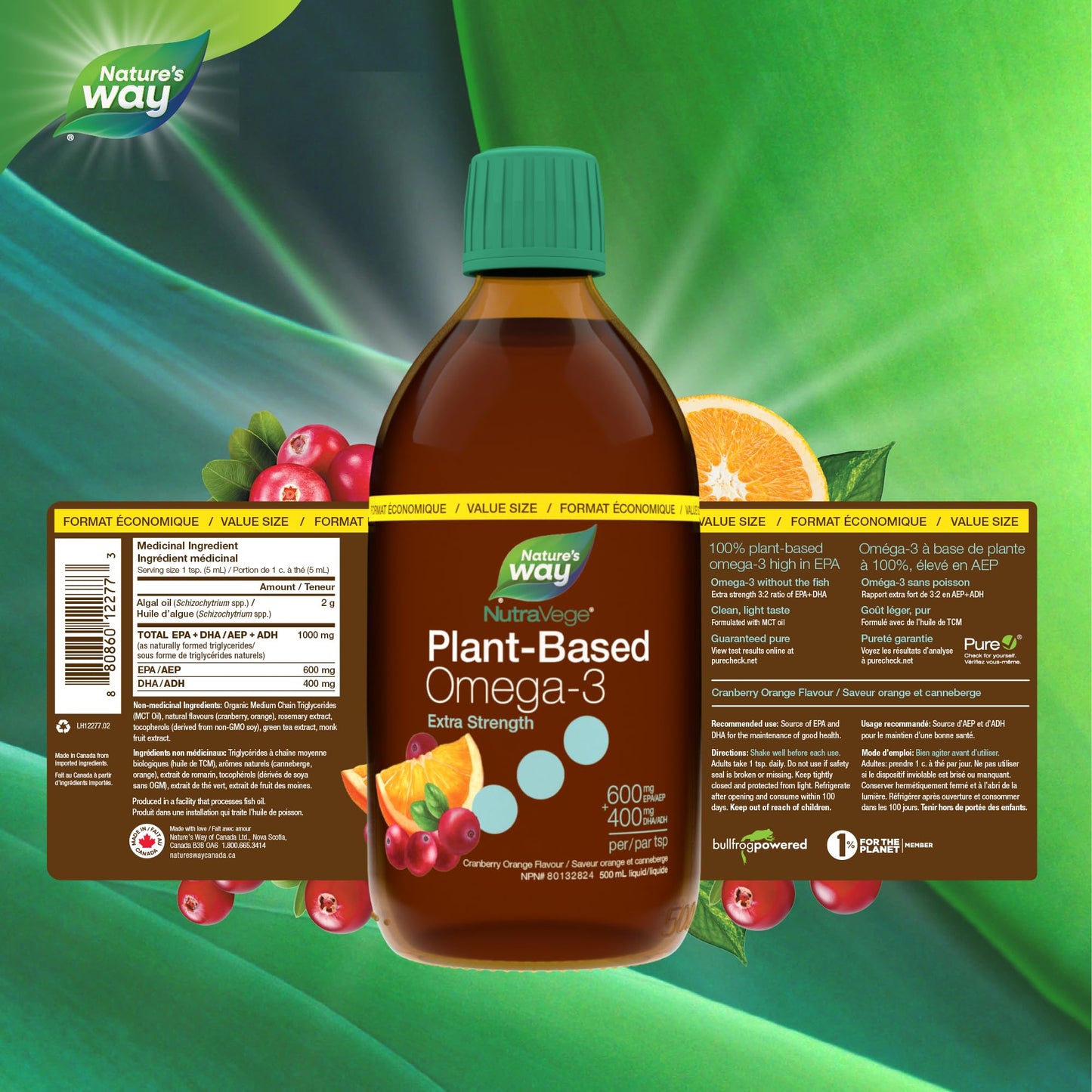 Nature's Way NutraVege Plant-based Omega-3 Supplement, Extra Strength Formula, Vegetarian, EPA + DHA from Algal Oil, Vegan, Cranberry Orange Flavour, 500 mL Liquid, Value Size ๐ All In One Marketplace Canada