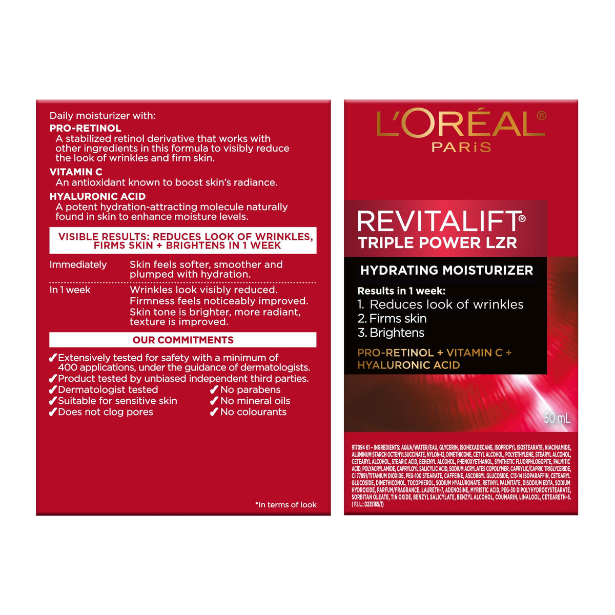 L'Oréal Paris Face Moisturizer, Moisturizer for Face with Pro-Retinol, Vitamin C & Hyaluronic Acid, Retinol Cream Reduces Look of Wrinkles & Firms Skin, Revitalift Triple Power LZR, 50ml 🍁 All In One Marketplace Canada