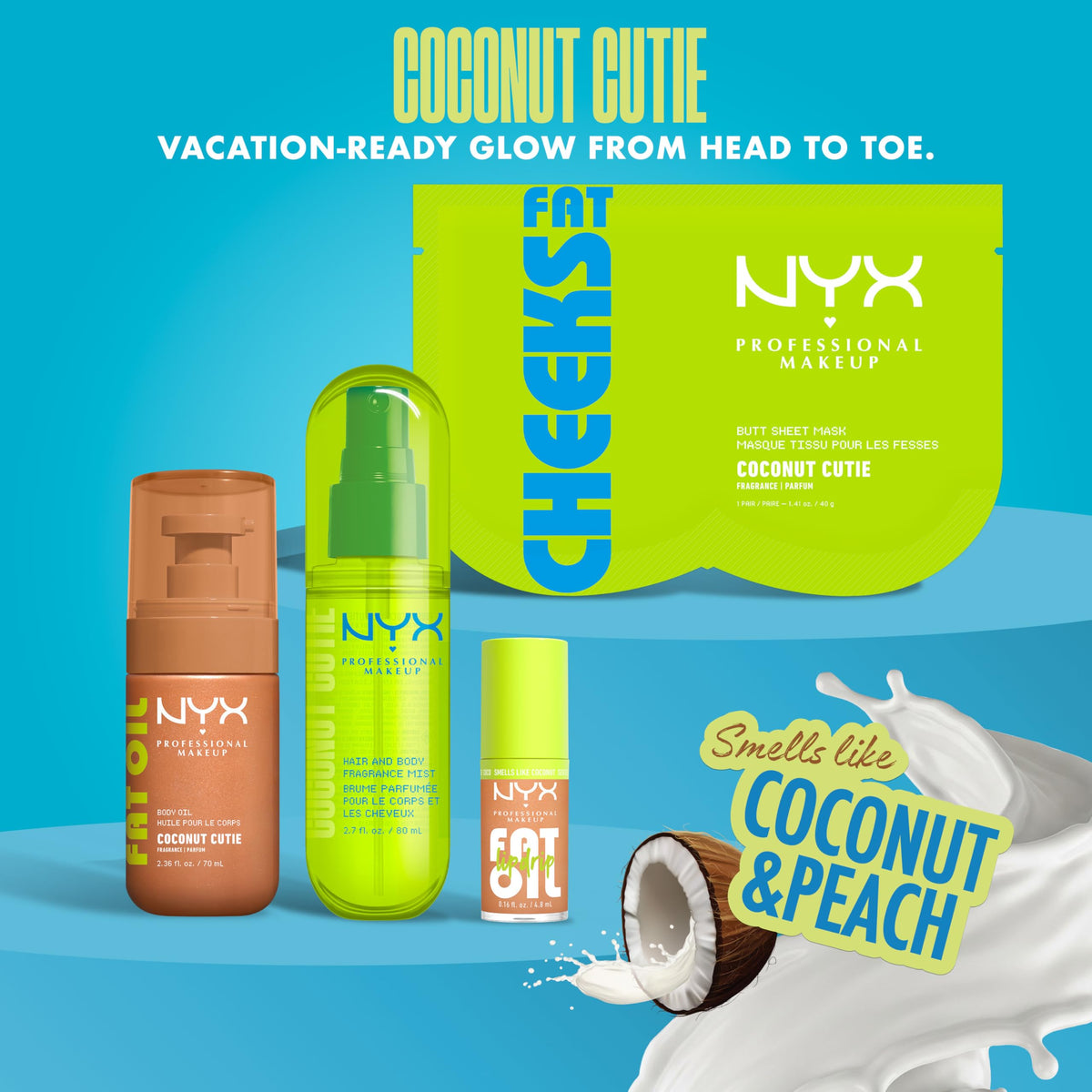 NYX Professional Makeup Fat Oil Body Oil, 24 HR Hydration, Gold Glowy Finish, Non-Sticky High-Shine Vegan Formula, Shimmering Luminous Skin, Coconut Cutie: Coconut & Peach Scent, 70 ml š All In One Marketplace Canada
