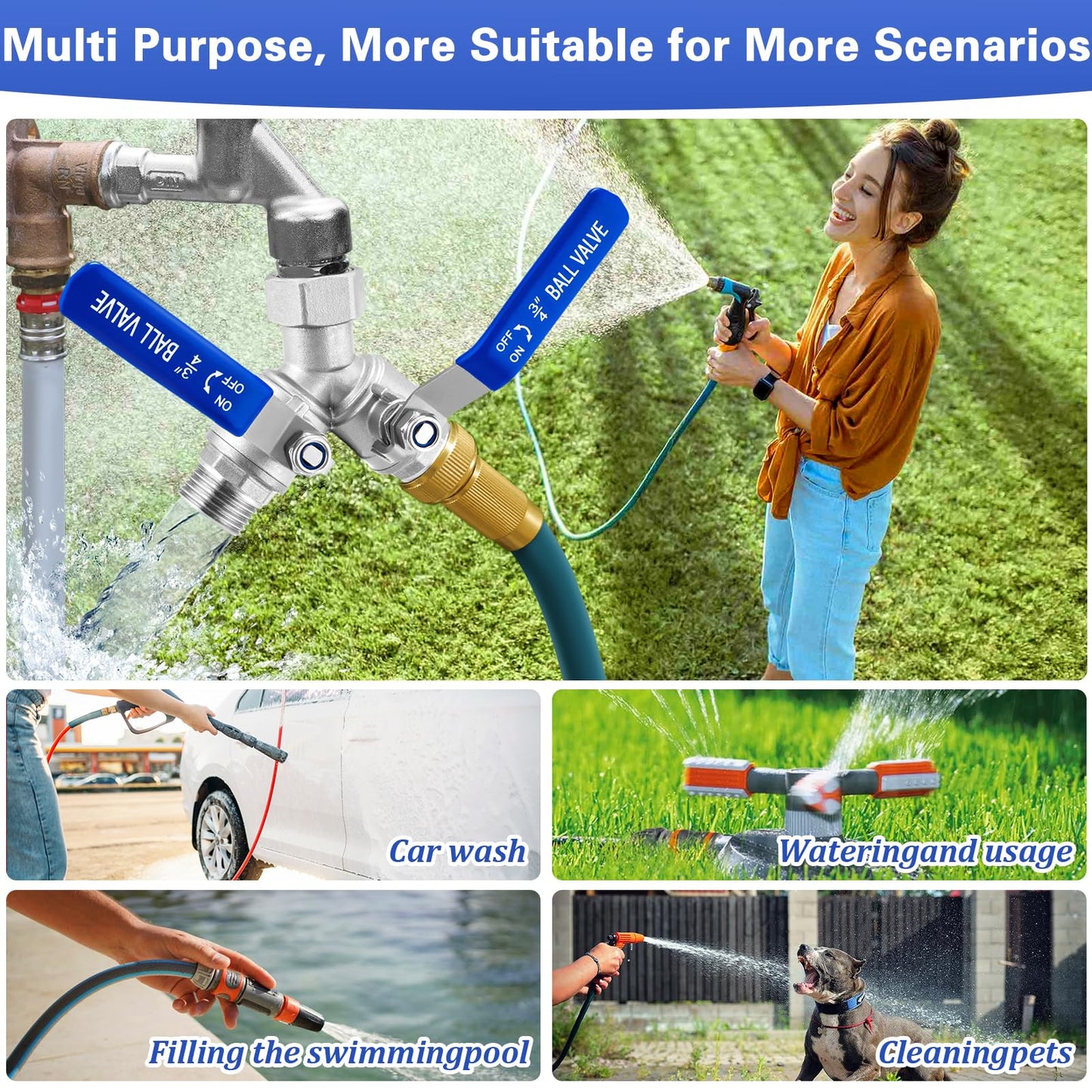 Garden Hose Splitter 2 Way, 304 Stainless Steel Heavy Duty Water Hose Splitter with Long Handle, 3/4" GHT Thread Y Valve Water Garden Hose Tap Adapter, Full Flow Water Splitter Connector 🍁 All In One Marketplace Canada
