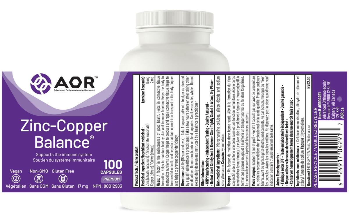 AOR Zinc Copper Balance 17mg, 100 V-Caps, 100-Day Supply - Nutrient Support for Skin, Hair, Bone & Overall Wellness, NON-GMO & Gluten-Free, Easy-to-Swallow, Zinc & Copper Supplements for Men & Women ๐ All In One Marketplace Canada