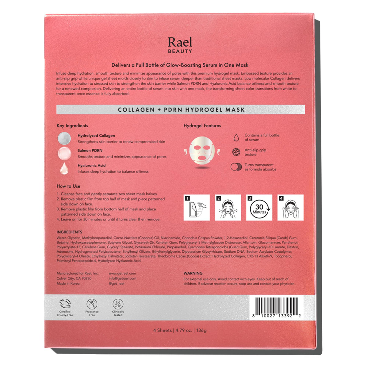 Rael Collagen PDRN Hydrogel Mask - Deep Hydration, Daily Face Masks for Face, Korean Skincare (4 Count) ๐ All In One Marketplace Canada