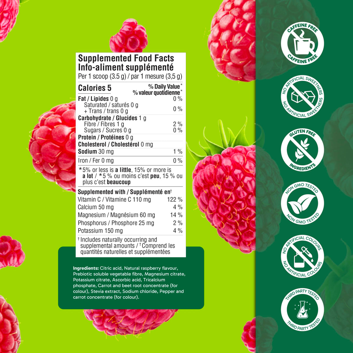 Organika Canadian-Made Electrolytes Powder with Vitamin C & Prebiotic Fibre - Sugar-Free Hydration Drink Mix - Wild Raspberry - 210 g - 60 servings ๐ All In One Marketplace Canada