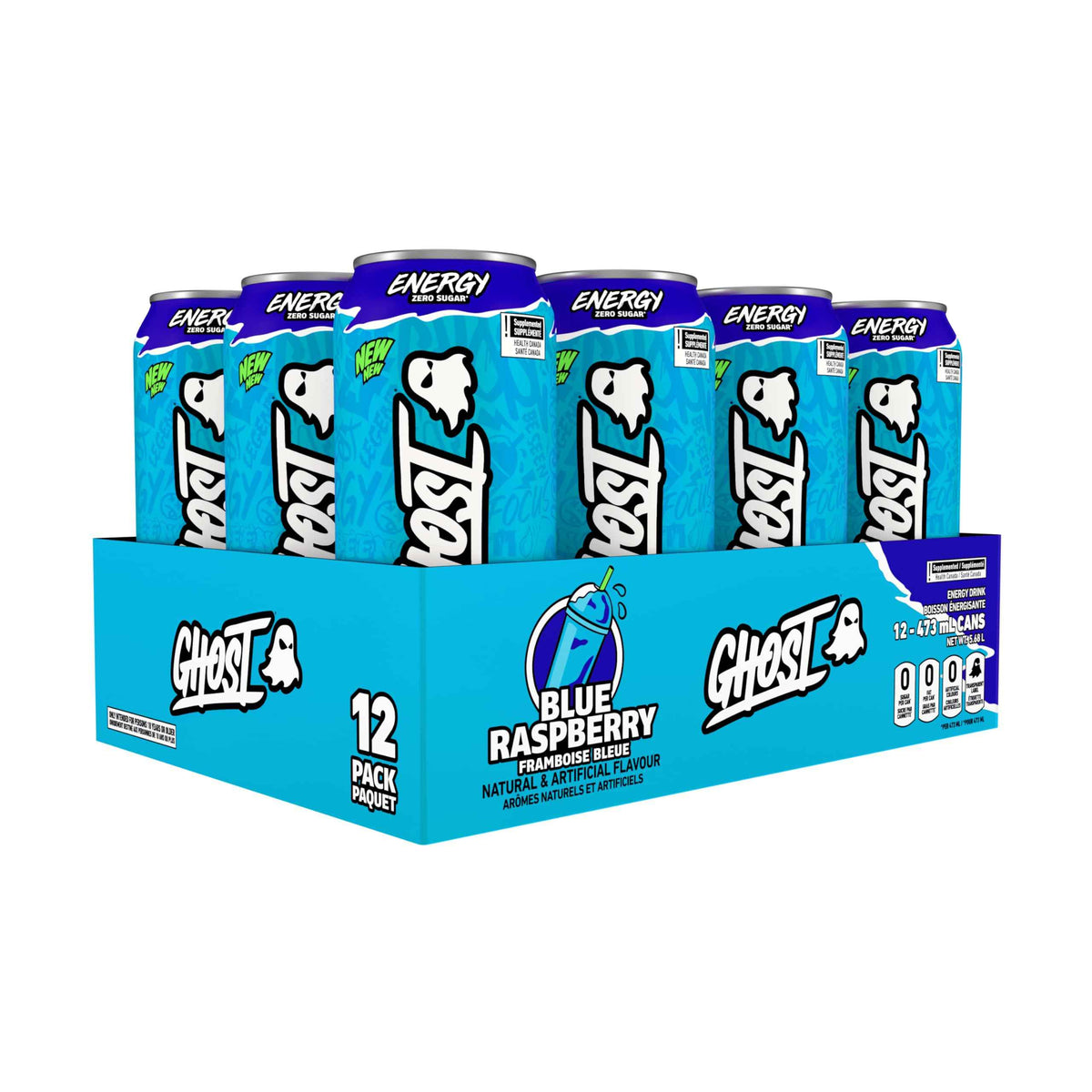 Ghost Energy Drink, Blue Raspberry, Pack of 12 Cans ๐ All In One Marketplace Canada