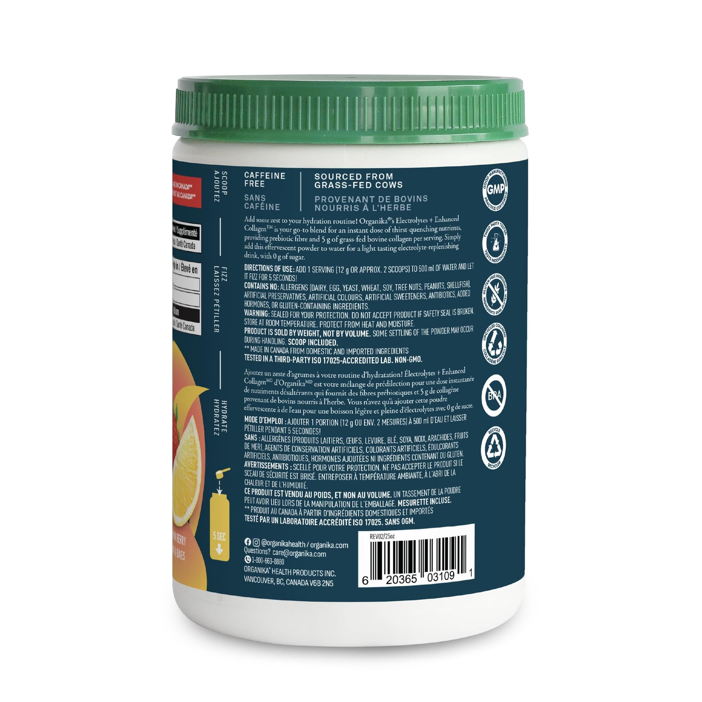 Organika Canadian-Made Electrolytes + Enhanced Collagen - Daily Hydration Powder with 5g of Collagen for Hair, Skin and Nails, 100% of Daily Vitamin C, Zesty Lemon Berry Flavour, 360 g, 30 Servings š All In One Marketplace Canada
