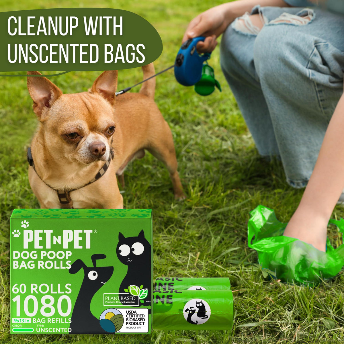 Pet N Pet Dog Poop Bags - USDA Certified 41% Plant-Based Doggy Poop Bags - Leak-Proof Sac Caca Chien Refill Rolls (1080 Count, Unscented, Green) 🍁 All In One Marketplace Canada