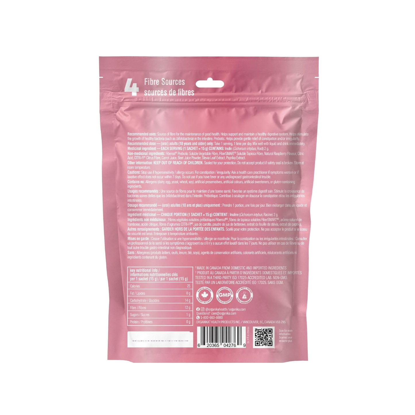 Organika Canadian-Made Belli Bliss Fibre | High Fibre Blend, 4 Diverse Sources of Fibre | Supports Digestive Health, Constipation Relief, Weight Control - Raspberry, 10 x 15g sachets ๐ All In One Marketplace Canada