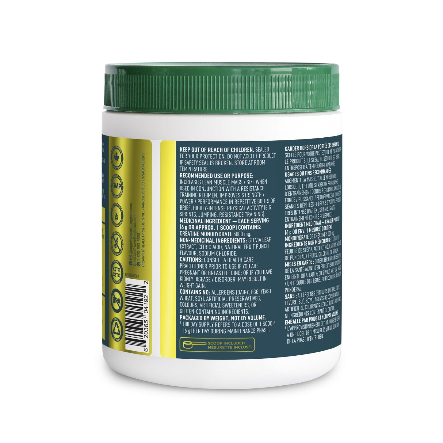 Organika Canadian-Made Creatine Powder- Fruit Punch- Pure Micronized Creatine Monohydrate - Helps Build Lean Muscle, Increase Strength, and Improved Recovery and Performance for Men and Women - 600g ๐ All In One Marketplace Canada