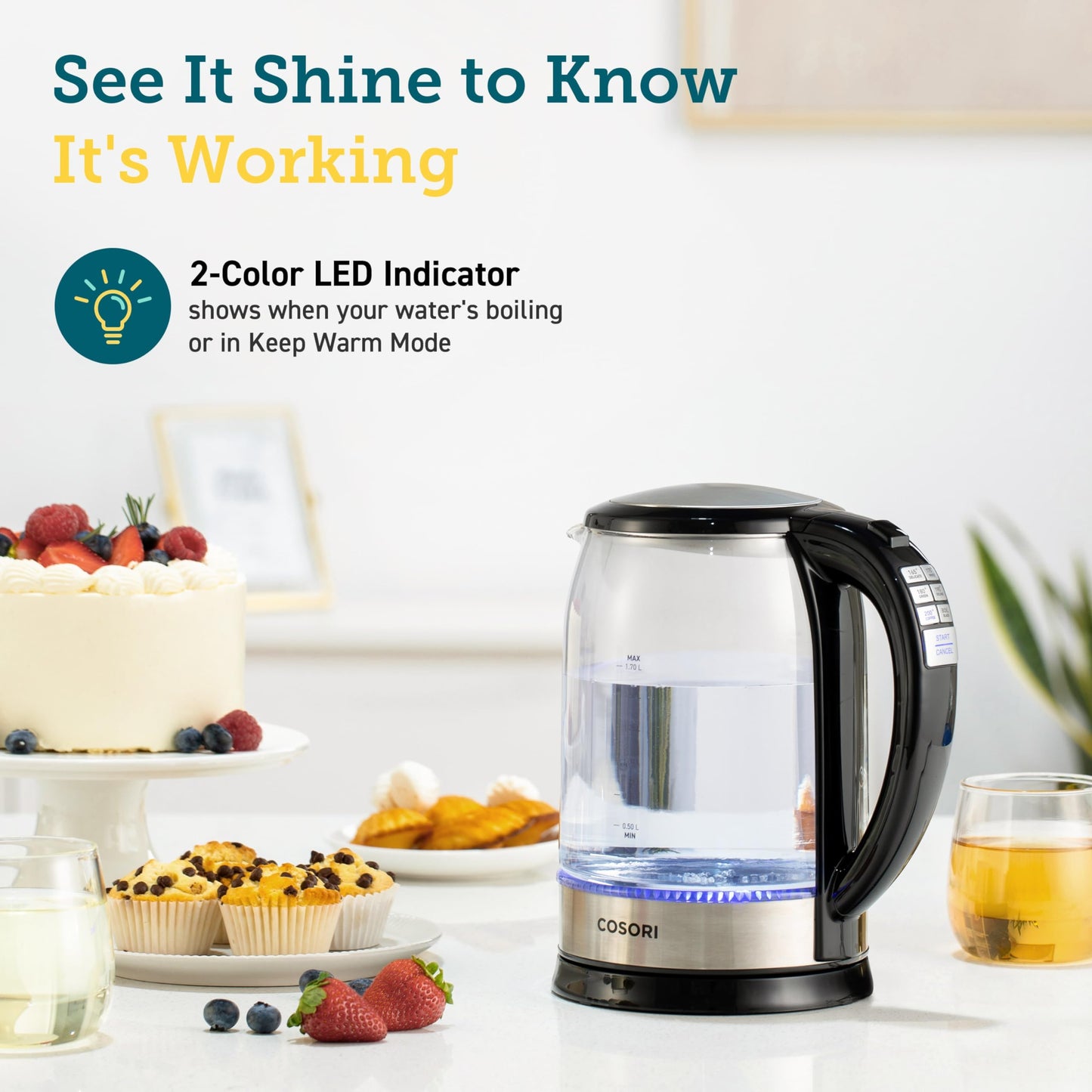 Cosori Electric Kettle, 6 Temperature Presets, 1.7L Glass Tea Kettle, Black ๐ All In One Marketplace Canada