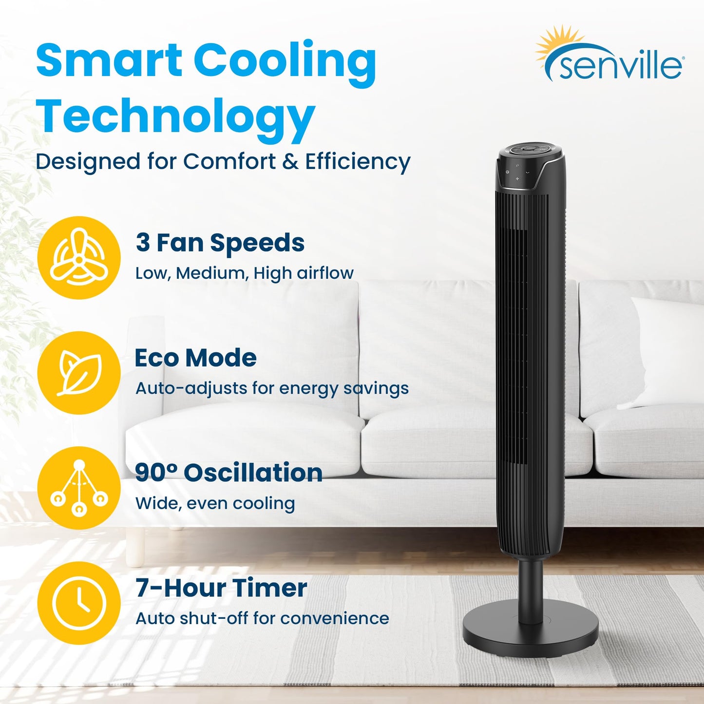 Senville 42" Oscillating Tower Fan for Bedroom, Remote, Bladeless, Quiet, 3 Modes, 7-Hour Timer, LED Display, Black ๐ All In One Marketplace Canada