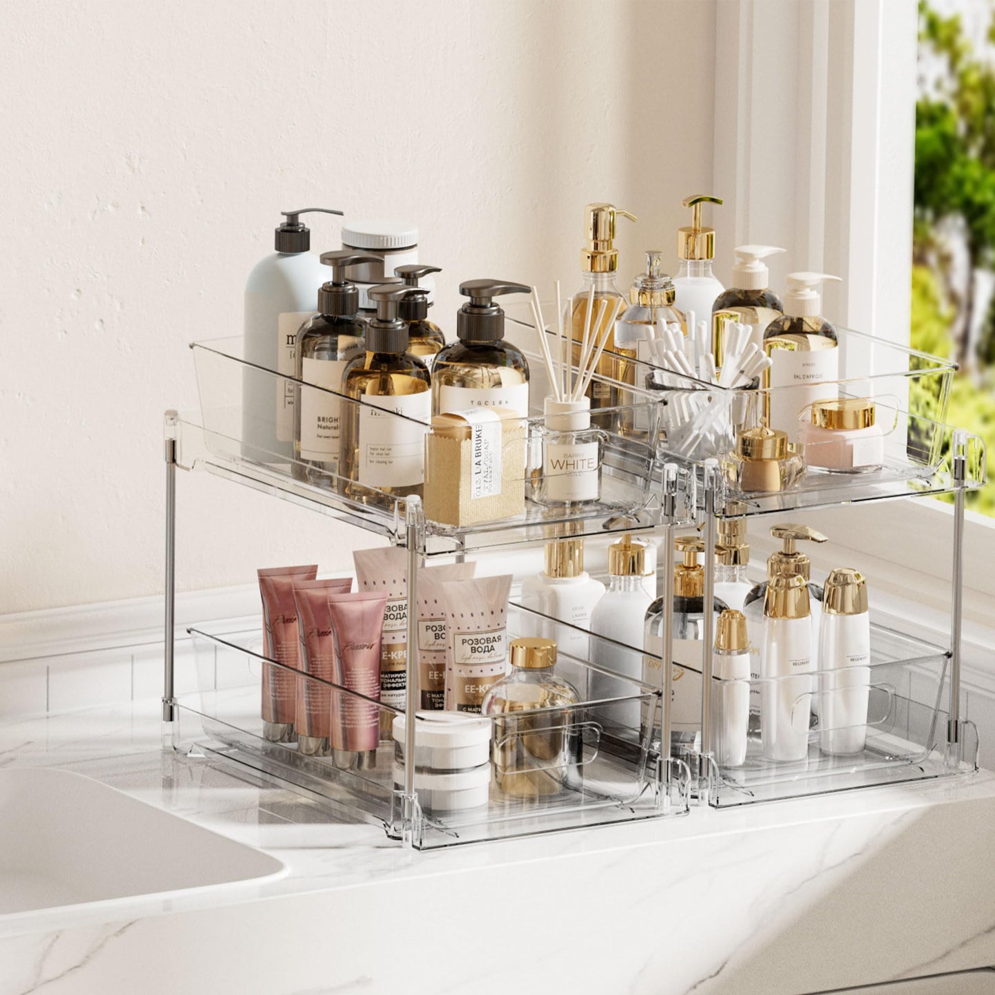 2 Tier Bathroom Organizer, Vtopmart 2 Pack Clear Under Sink Organizers Vanity Counter Storage Container, Medicine Cabinet Drawers Bins, Pull-Out Organization with Track for Pantry, Kitchen ๐ All In One Marketplace Canada