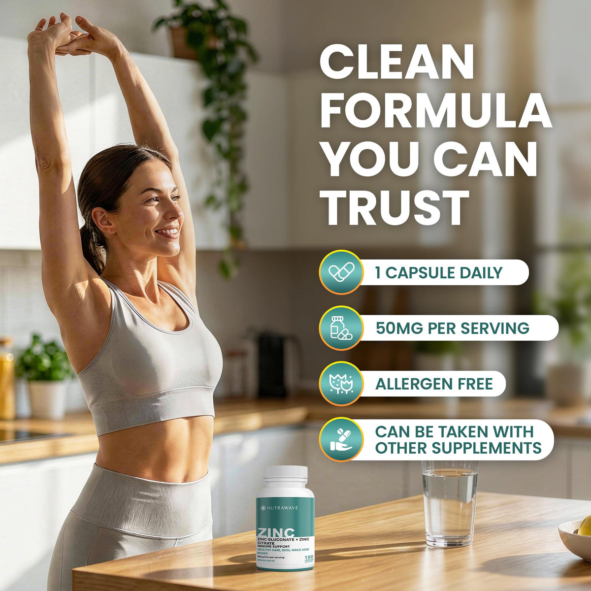 Nutrawave 2-IN-1 Zinc Supplements, High Absorption Formula 50 mg Zinc Gluconate + Zinc Citrate Chelated Stomach-Friendly Immune Booster, Healthy Skin, Hair, Nails & Bones, For Men & Women, Vegan, 6-Month Supply ๐ All In One Marketplace Canada
