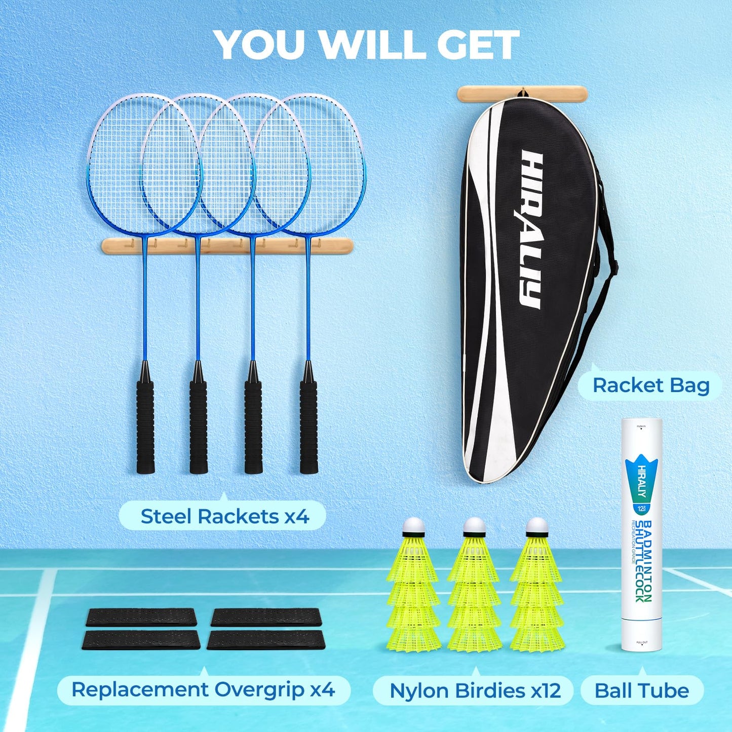 HIRALIY Badminton Rackets for Outdoor Backyard Games, Lightweight Badminton Set of 4 for Kids & Adults & Beginners, Including 4 Rackets, 12 Nylon Shuttlecocks, 4 Replacement Grip Tapes, 1 Carrying Bag ๐ All In One Marketplace Canada