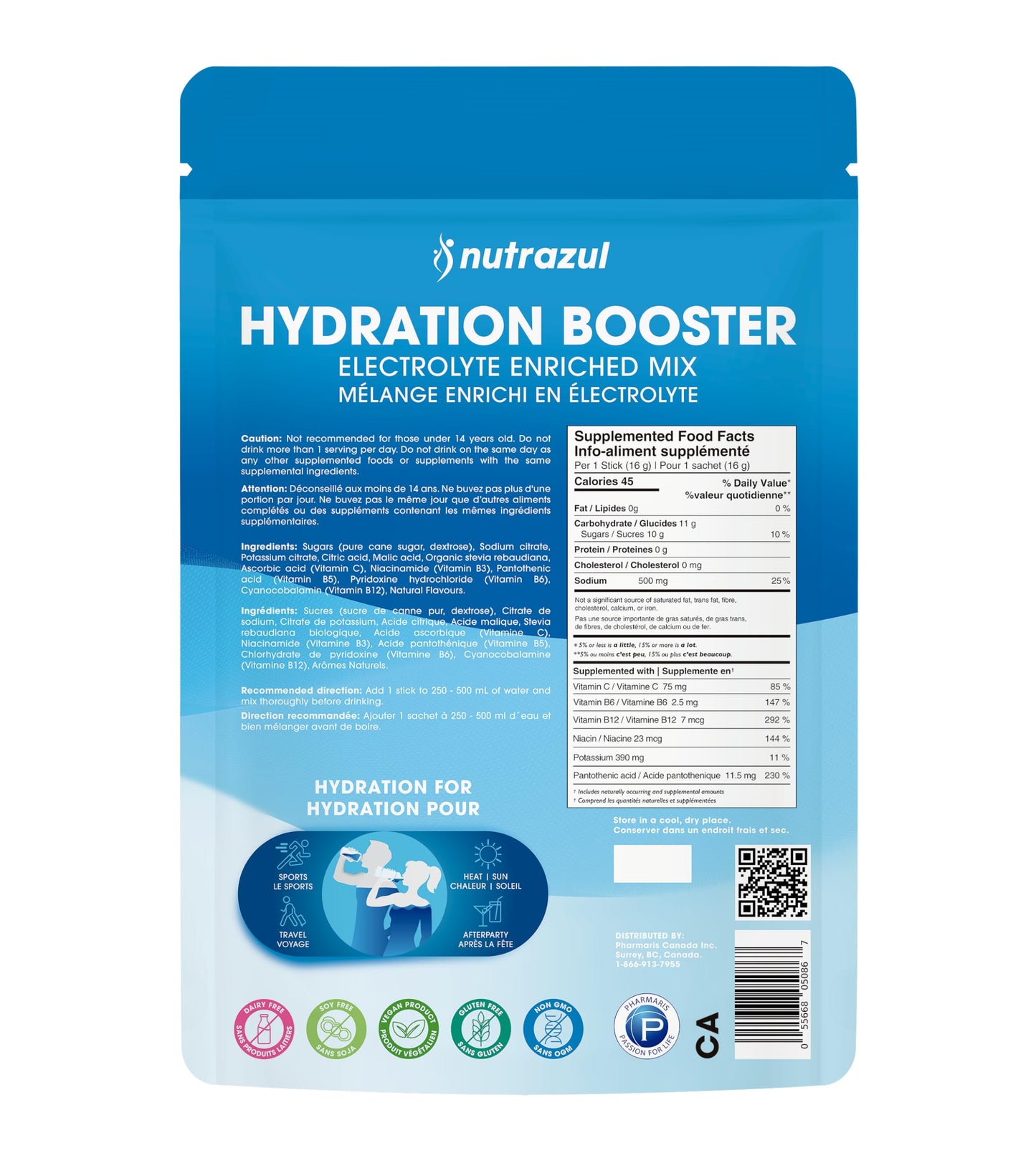 Nutrazul Hydration Booster, Electrolytes Powder Sticks with Sodium, Potassium, Vitamin B6 & B12, No Artificial Sweeteners, Acai Berry, Lemon Lime, Passion Fruit Flavour, 30 Sticks ๐ All In One Marketplace Canada