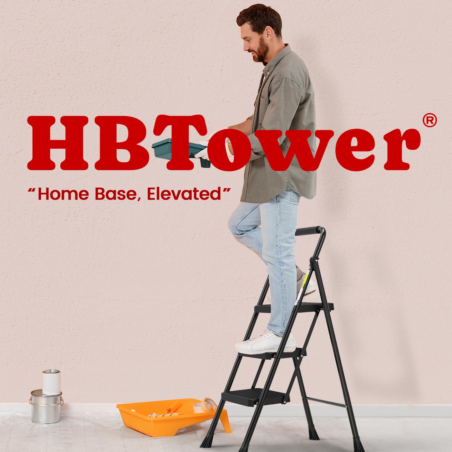 HBTower 3 Step Ladder, Folding Step Stool with Wide Anti-Slip Pedal, 500lbs Sturdy Steel Ladder, Convenient Handgrip, Lightweight, Portable Steel Step Stool, Black 🍁 All In One Marketplace Canada