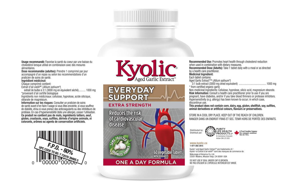 Kyolic - Odourless Aged Garlic Extract Everyday Support Extra Strength One-A-Day 1000mg, 60 Veg Tablets 60-Day Supply - Kyolic Garlic Supplements, Garlic Pills - Herbal Supplement for Wellness Support ๐ All In One Marketplace Canada