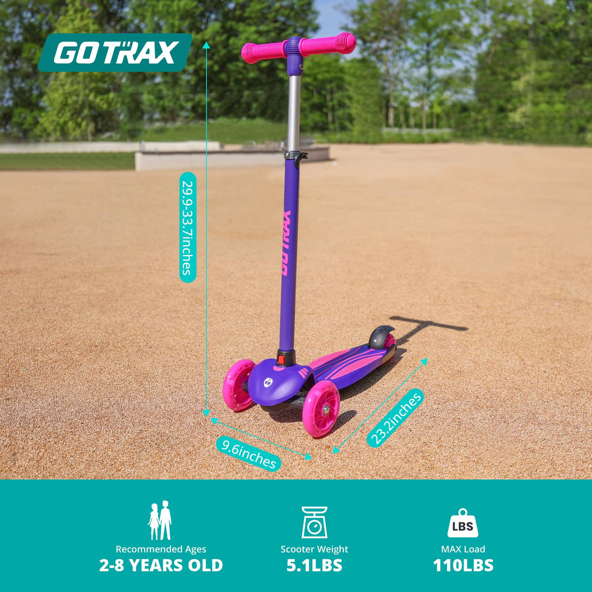 Gotrax KS1 Kids Kick Scooter, LED Lighted Wheels and 3 Adjustable Height Handlebars, Lean-to-Steer & Widen Anti-Slip Deck, 3 Wheel Scooter for Boys & Girls Ages 3+ and up to 100 Lbs (Purple) ๐ All In One Marketplace Canada
