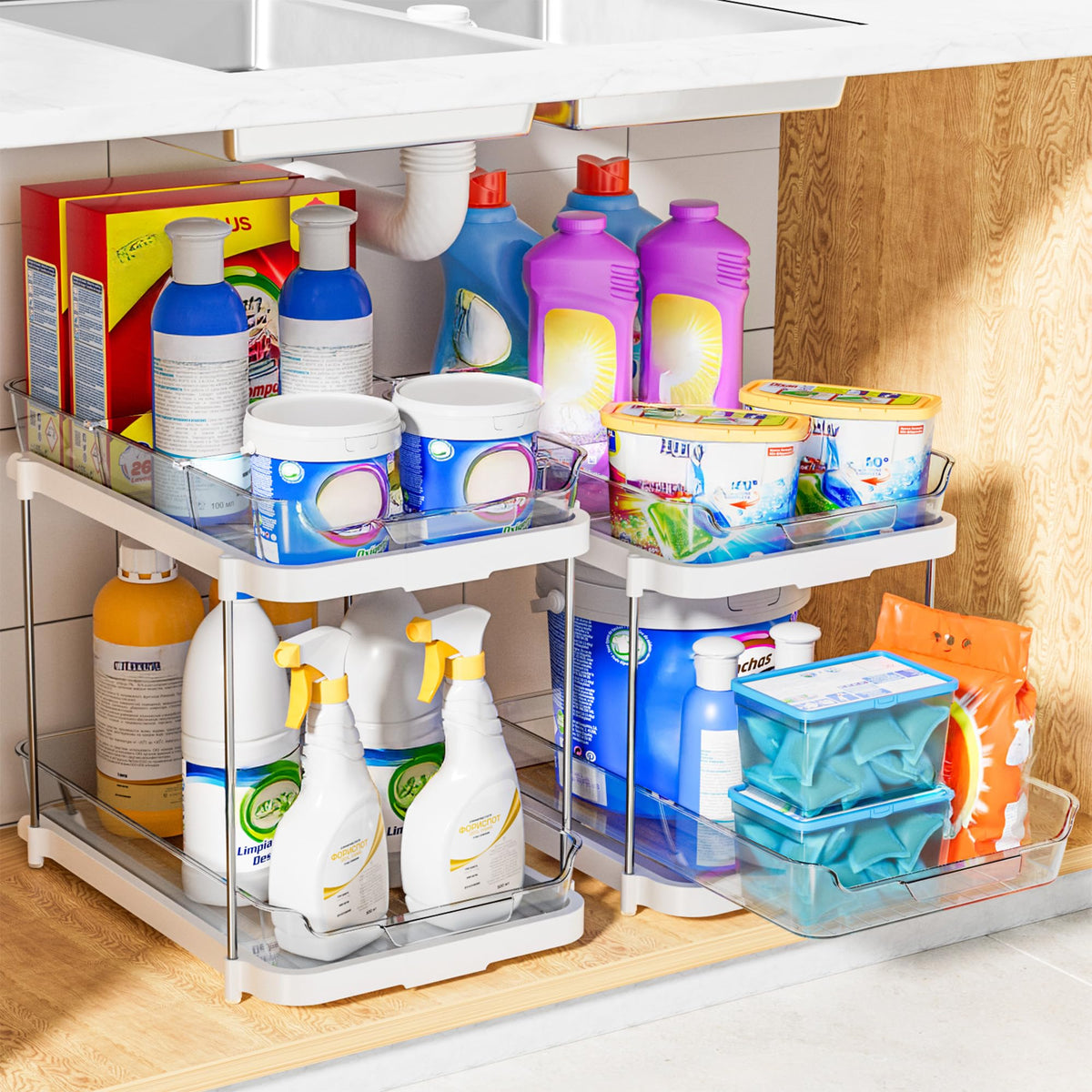 Delamu 2-Tier Multi-Purpose Bathroom Under Sink Organizers and Storage, Stackable Kitchen Pantry Organization, Pull Out Medicine Cabinet Organizer with Movable Dividers, White, 2 Pack ๐ All In One Marketplace Canada