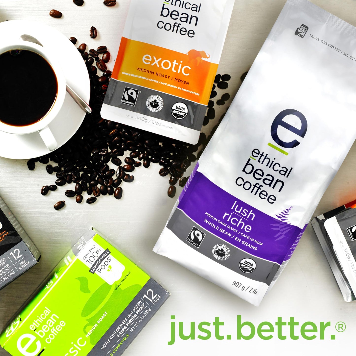 Ethical Bean Lush Medium Dark Roast Fairtrade Organic Whole Bean Coffee 907g Bag, 6 ct Case ๐ All In One Marketplace Canada