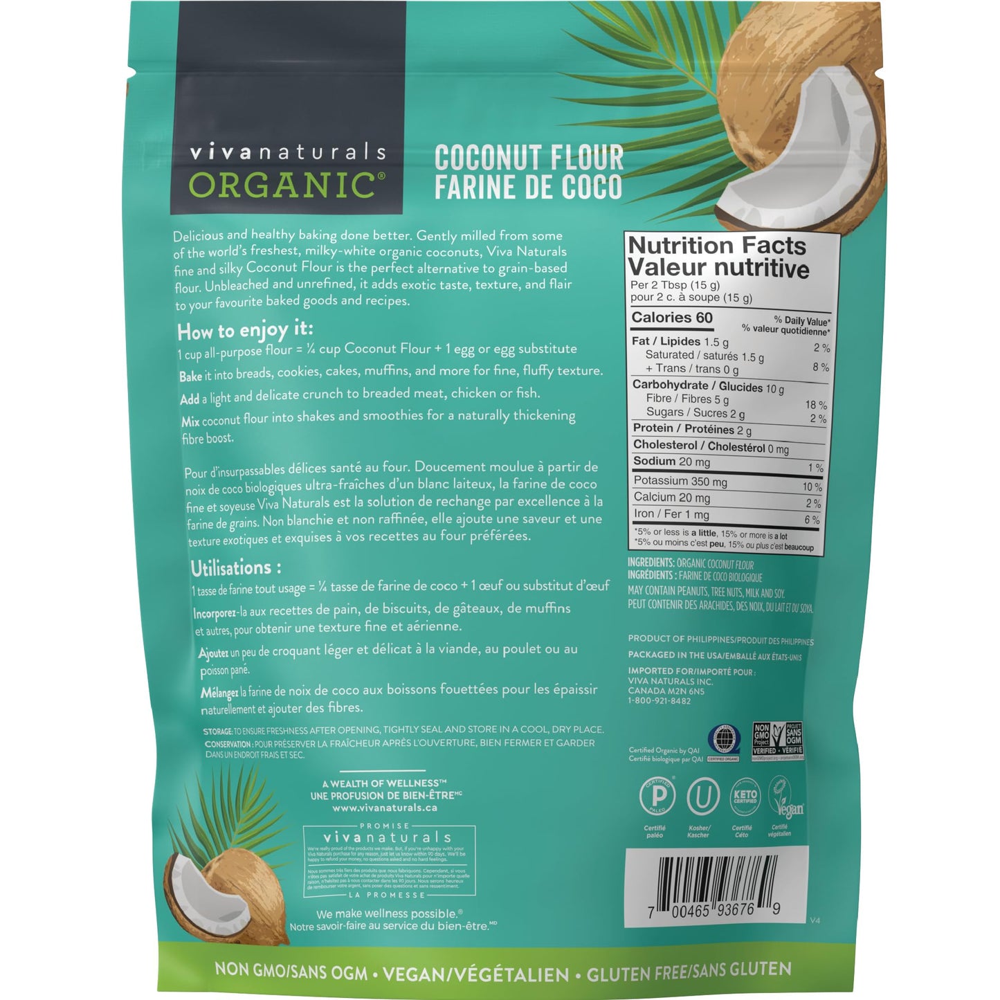 Viva Naturals Organic Coconut Flour, Gluten-Free, Unbleached & Unrefined, 4 LB ๐ All In One Marketplace Canada