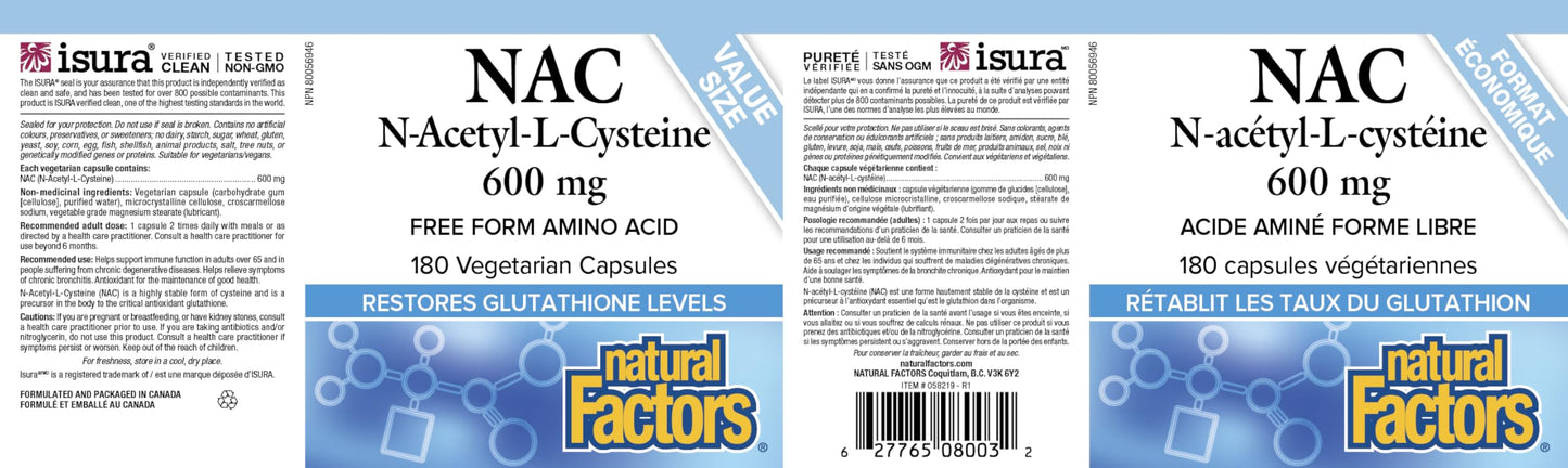 Natural Factors NAC Supplement (N-Acetyl-L-Cysteine), 600 mg, 180 Vegetarian Capsules, VALUE SIZE, Free Form Amino Acid, Helps Restore Glutathione Levels, Antioxidant Support, Proudly Canadian ๐ All In One Marketplace Canada
