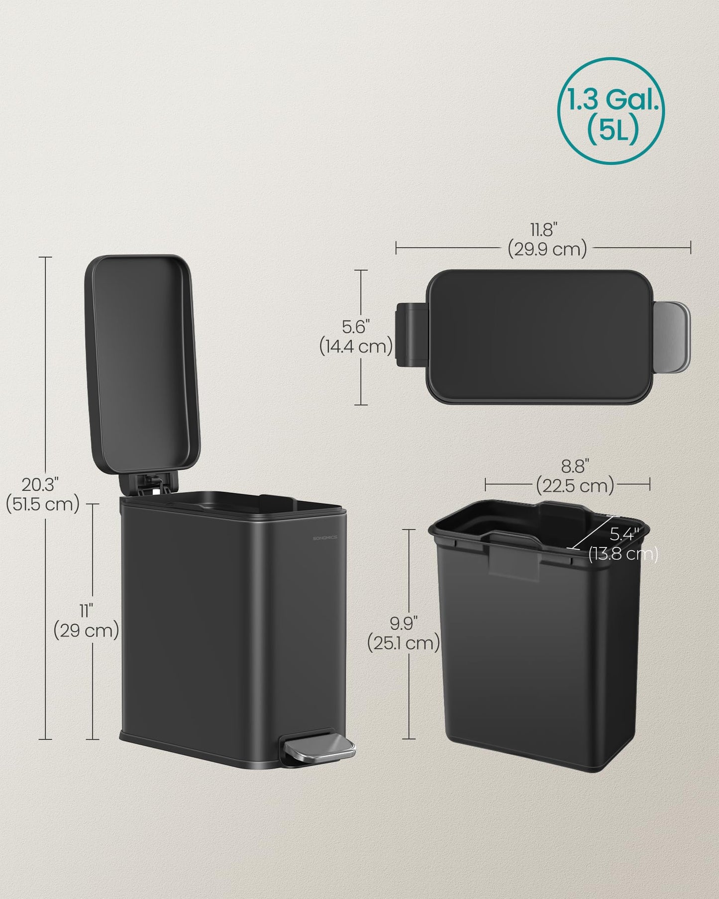 SONGMICS Bathroom Trash Can, Small Trash Bin with Lid, Slim for Small Spaces, Stainless Steel Garbage Can, Soft Close, 1.3 Gallon (5 L) Black ULTB560B05 π All In One Marketplace Canada