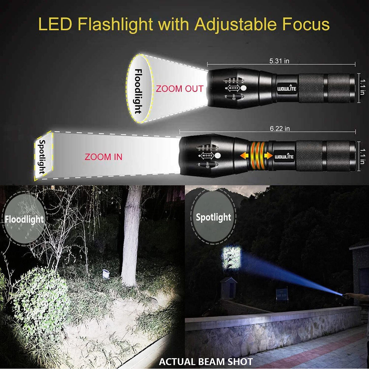 wowlite Tactical Flashlight, Wowlite Ultra Bright XML T6 LED Torch with 5 Light Modes & Adjustable Focus for Emergency Camping Hiking (2 Pack) ๐ All In One Marketplace Canada