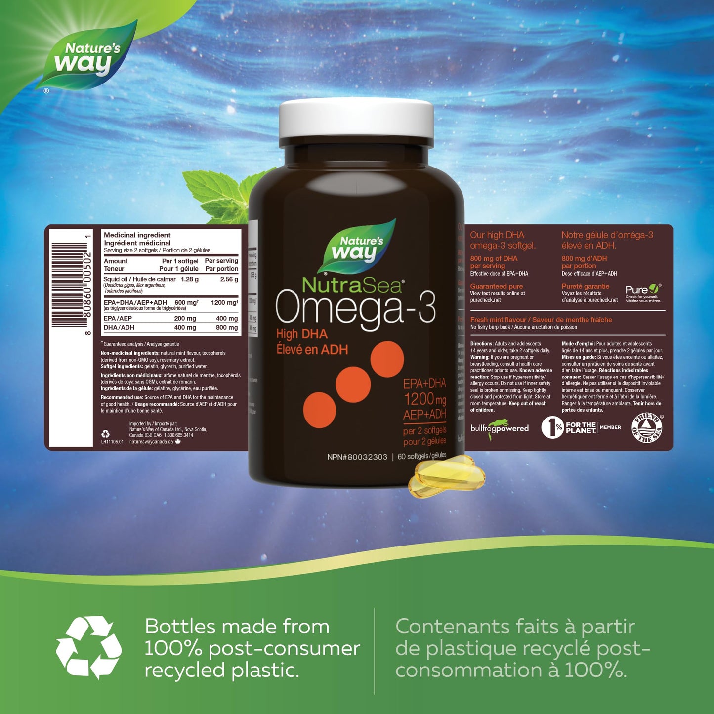 Nature's Way NutraSea DHA 2X Concentrated Omega 3 Softgels Supplement โ Fresh Mint Flavour โ Brain & Eye Support for Adults and Kids Ages 14+ โ 500mg DHA, 60 Softgels ๐ All In One Marketplace Canada