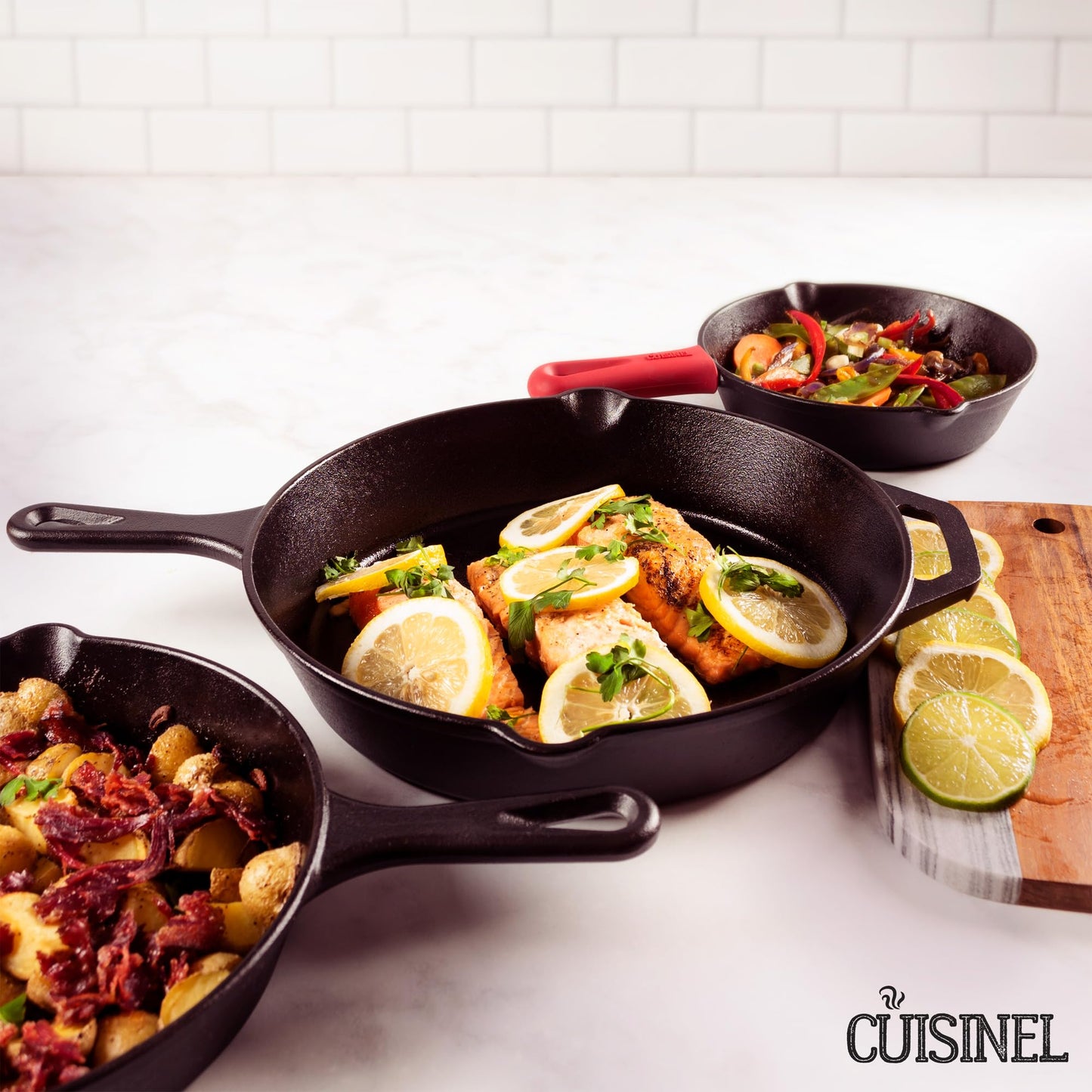 Cast Iron Skillet Set - 8" + 10" + 12"-Inch Pre-Seasoned Frying Pans + Silicone Handle Grip Covers - Indoor/Outdoor, Oven, Grill, Stovetop, BBQ, Fire and Induction Safe Kitchen and Camping Cookware 🍁 All In One Marketplace Canada