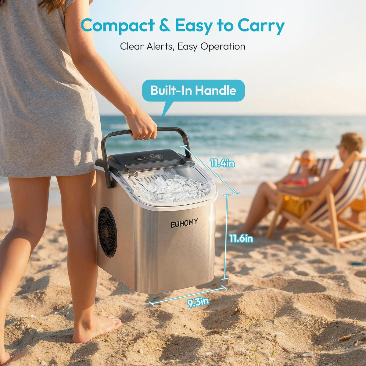 EUHOMY Countertop Ice Maker Machine with Handle, 26lbs Per Day, 9 Ice Cubes Ready in 6 Mins, Auto-Cleaning Portable Ice Maker with Basket and Scoop, for Home/Kitchen/Camping/RV (Silver) π All In One Marketplace Canada
