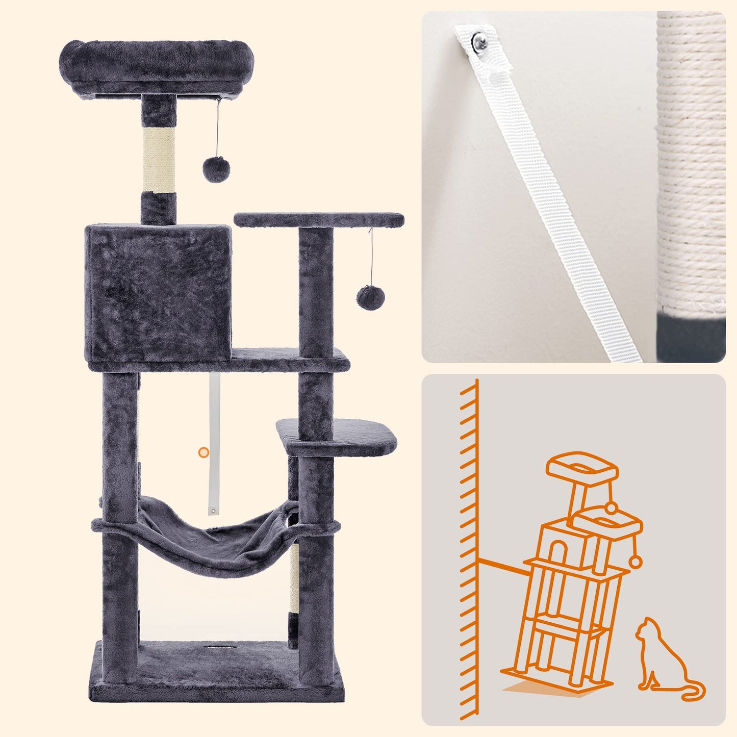 Feandrea Cat Tree Tower, 143 cm, 2 Perches, Hammock, Smoky Gray ๐ All In One Marketplace Canada