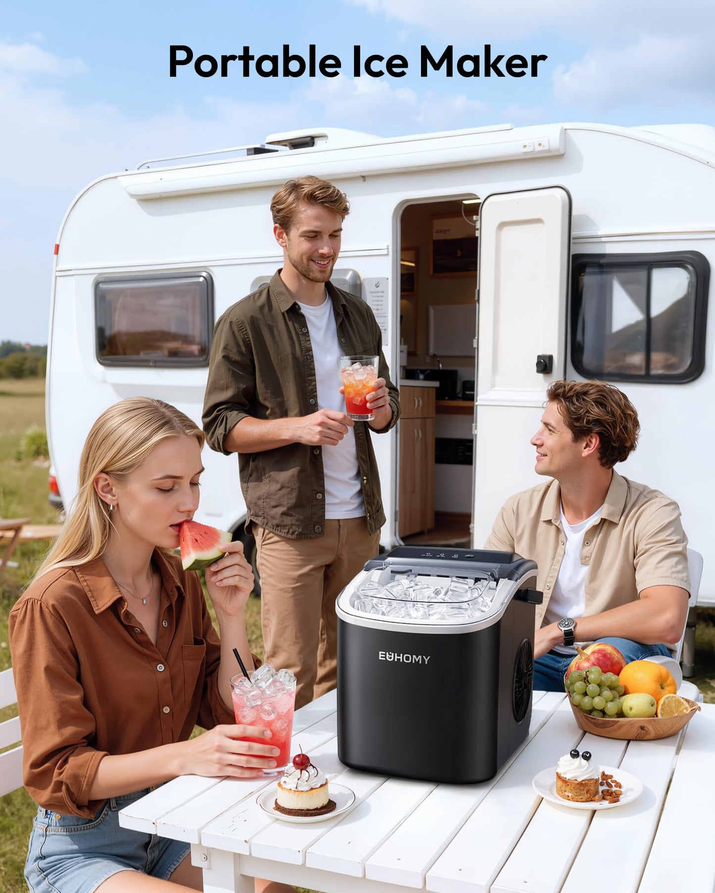 EUHOMY Countertop Ice Maker Machine with Handle, 26lbs in 24Hrs, 9 Ice Cubes Ready in 6 Mins, Auto-Cleaning Portable Ice Maker with Basket and Scoop, for Home/Kitchen/Camping/RV. (Black) π All In One Marketplace Canada