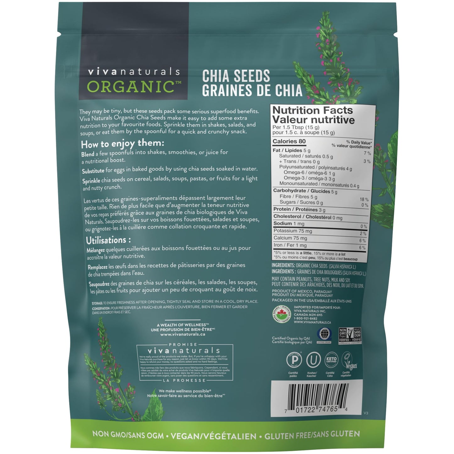 Viva Naturals Organic Chia Seeds, 2 lb – Plant-Based Omega-3s & 6s and Vegan Protein, Non-GMO, Black Chia Seeds Organic, Graine de Chia – Perfect for Smoothies, Salads, and Chia Seed Pudding 🍁 All In One Marketplace Canada