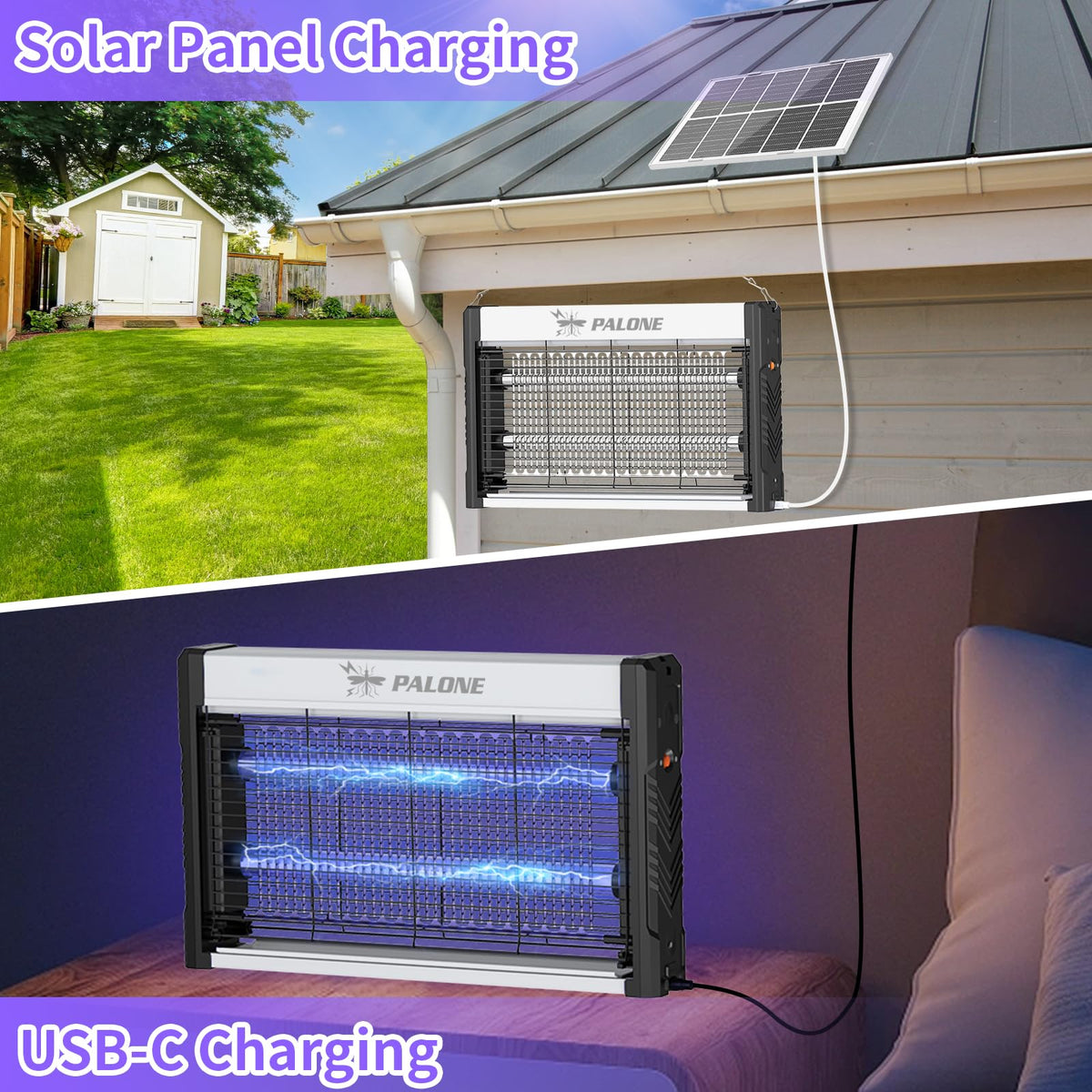 PALONE Solar Bug Zapper, 4000V Electric Bug Zapper with 8W Solar Panel, Rechargeable Bug Zapper with LED Light, Fly Zapper with Fireproof Waterproof, Indoor Outdoor Zapper for Kitchen,Camping,Patio ๐ All In One Marketplace Canada