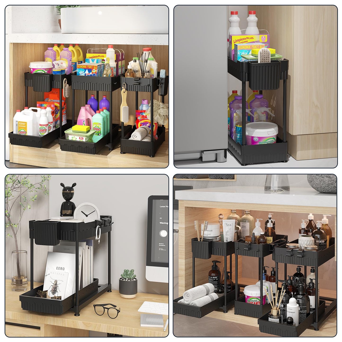 Sevenblue Under Sink Organizer 3 Pack, Bathroom Organizers, 2 Tier Multi-Use kitchen Organizers and Storage with Sliding Drawer, Hang Hooks and Cups, (Black) ๐ All In One Marketplace Canada