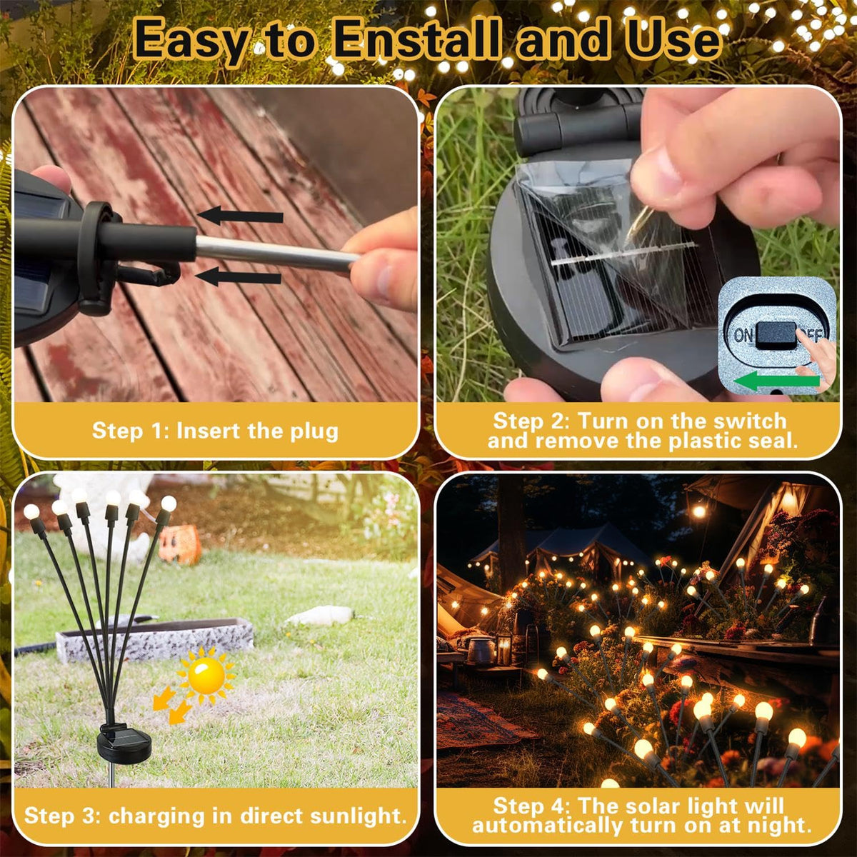 SIOTMERA 4Count Solar Lights Outdoor Waterproof IPX5, Solar Garden Lights, Wind Swaying Firefly Lights, Christmas Lights Outdoor, for Yard Lawn Pathway Decoration Lighting, 6LED WarmYellow ๐ All In One Marketplace Canada