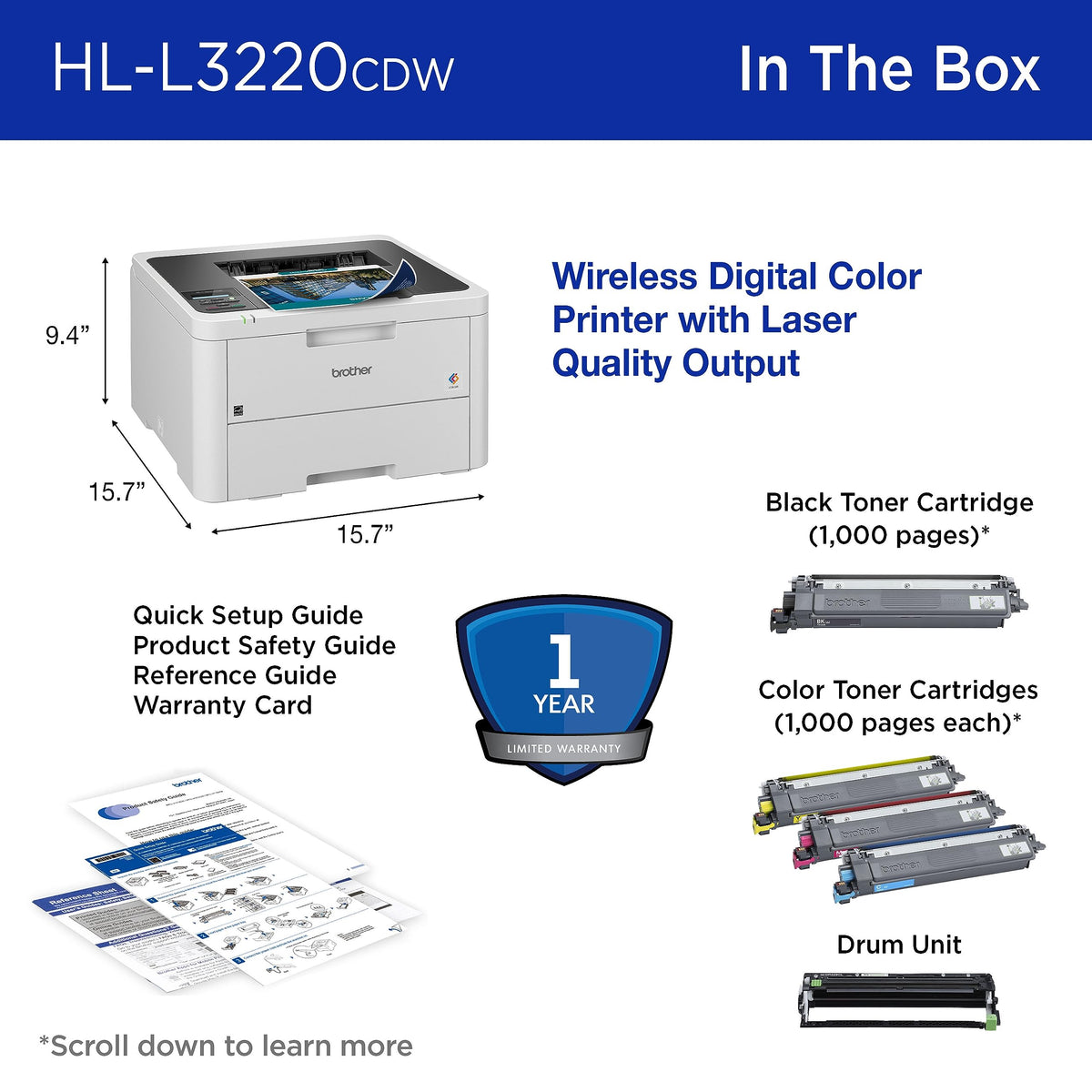Brother Color Laser Printer with Wireless Printing Fast 19 PPM Output, Duplex Feature, Mobile Device Compatible, 250-Sheet Paper Tray for Professional Home Office Printing (HL-L3220CDW) ๐ All In One Marketplace Canada