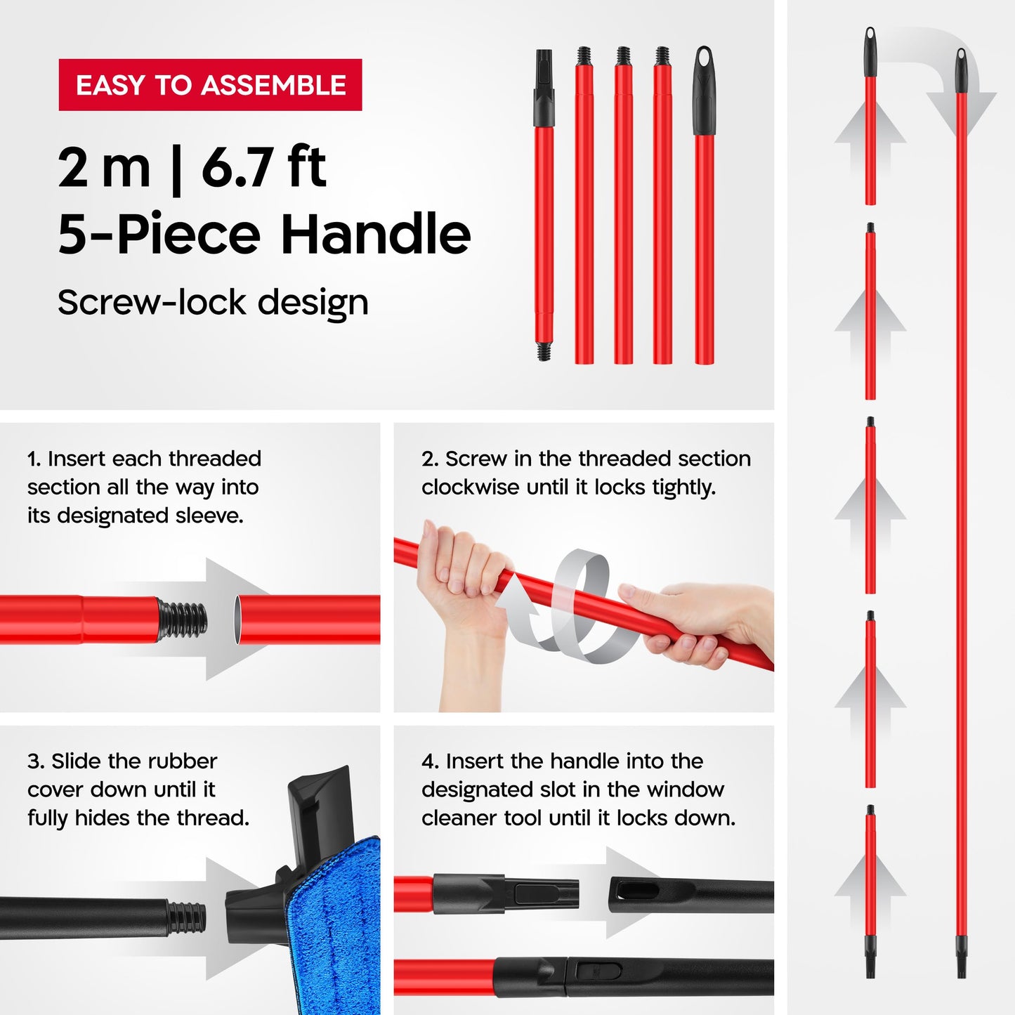 Tyroler 2-in-1 High Window Cleaning Tool | Window Squeegee Extendable with 30-205CM 5 Part Handle | Perfect Window Cleaning & Washing Kit (Black - Rubber) ๐ All In One Marketplace Canada
