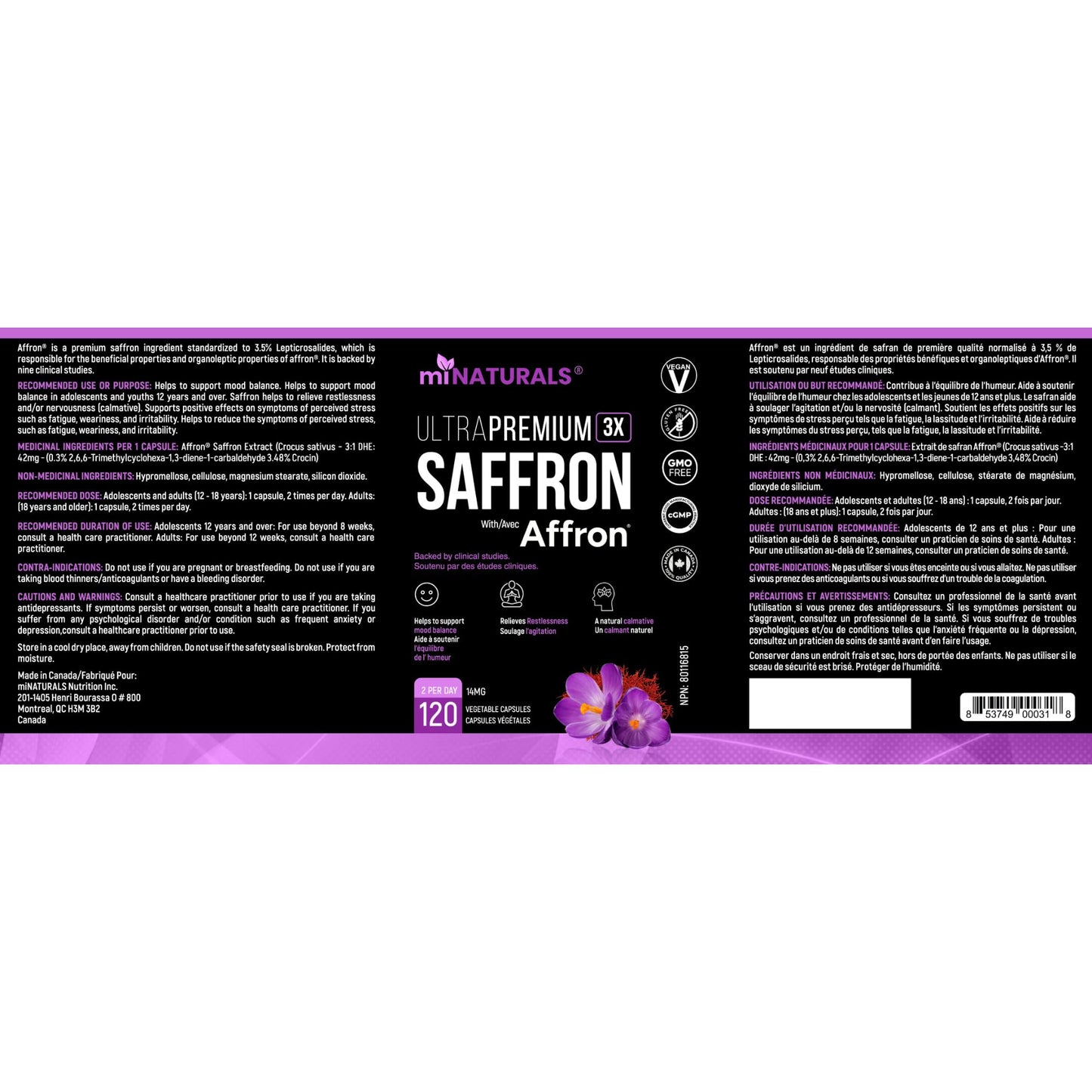 miNATURALS Saffron Supplements 120 Capsules | Clinically Studied Affron Saffron Extract | Stress & Mood Support for Men, Women & Teens | Pure Saffron Pills 🍁 All In One Marketplace Canada