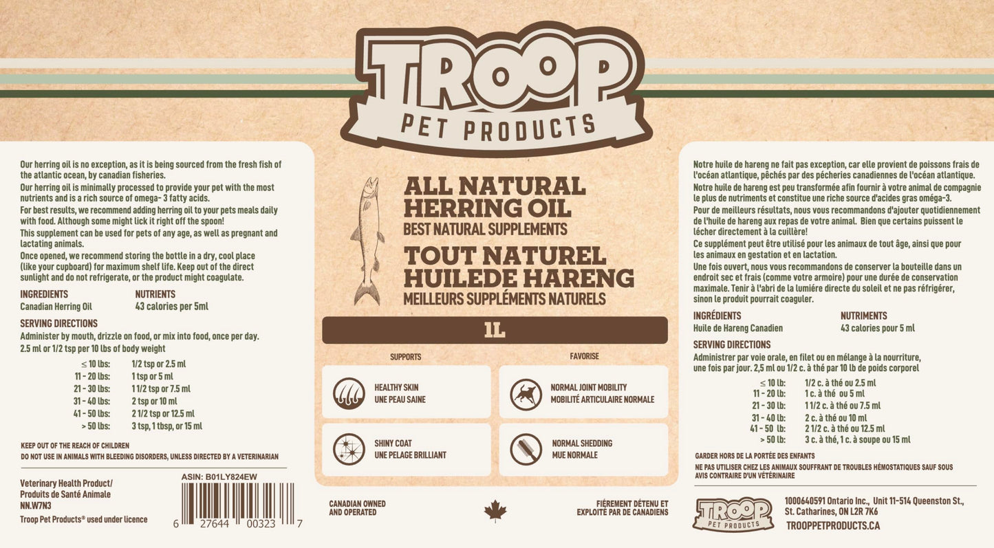 Troop Pet Products, Canadian Herring Oil, Natural Omega 3 Supplement for Improved Stamina, Immune System, Decreased Shedding, (1000ml) ๐ All In One Marketplace Canada