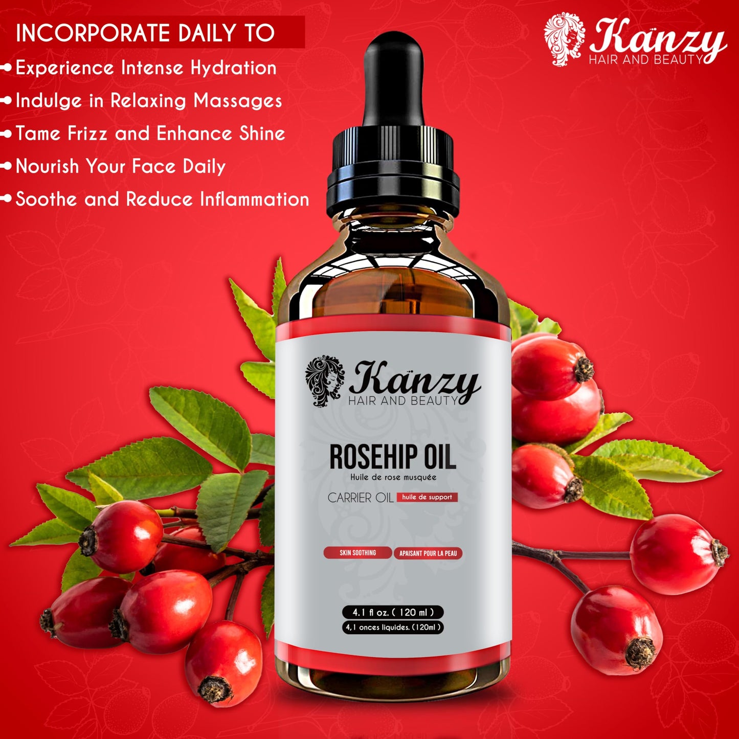 Kanzy Rosehip Oil for Face 120ml - Cold-Pressed Rosehip Oil for Skin, Hair, Nails & Body | Vegan & Cruelty-Free Moisturizing Oil for Daily Use ๐ All In One Marketplace Canada