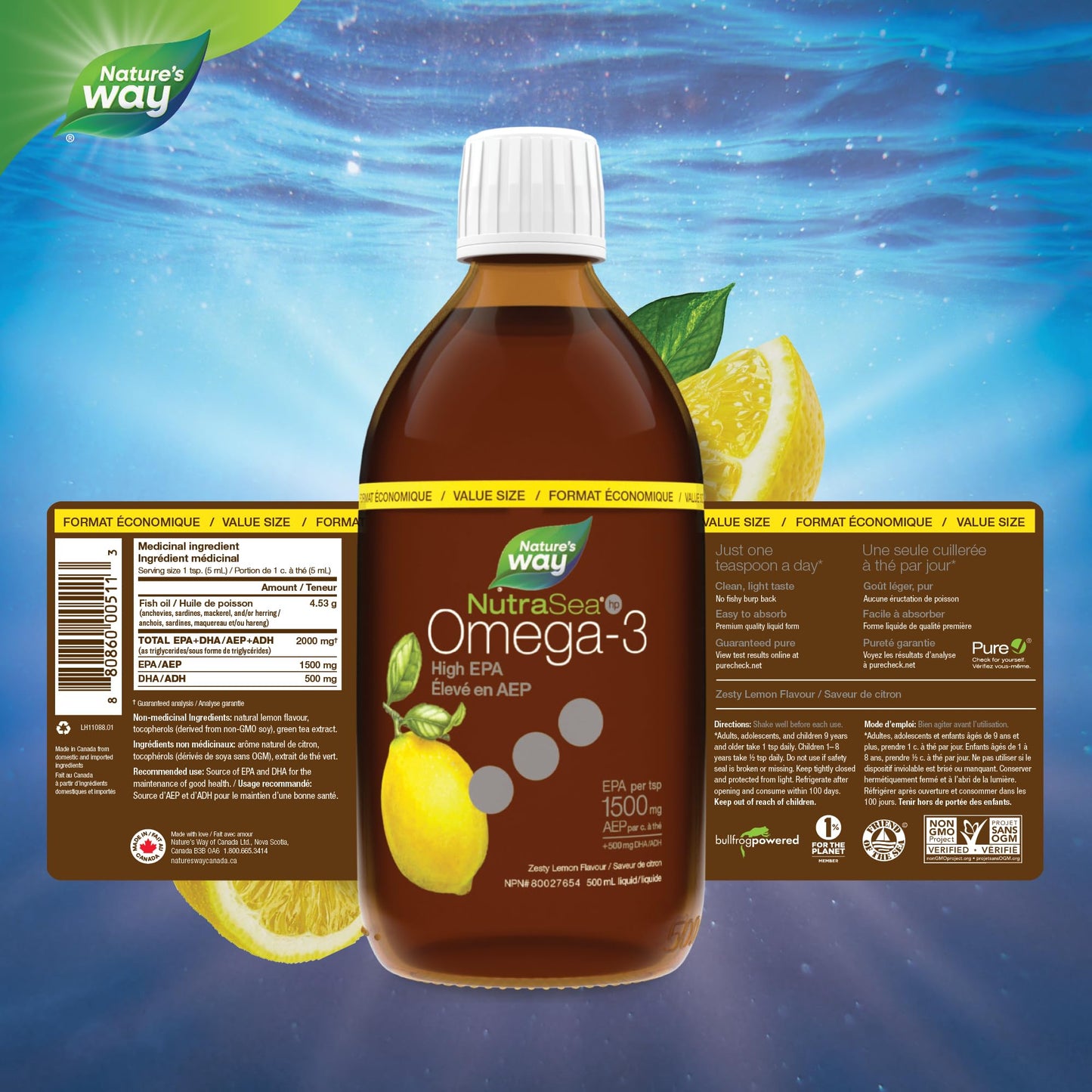 Nature's Way NutraSea HP Omega 3 High EPA Fish Oil Liquid Supplement for Adults and Kids Ages 1+ ā Zesty Lemon Flavour ā Heart & Brain Support ā 1500mg EPA, 500 mL Value Size š All In One Marketplace Canada