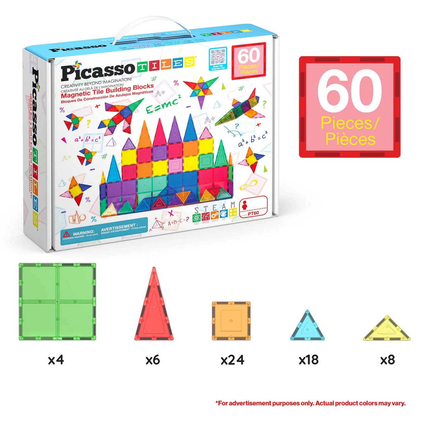 PicassoTiles Magnetic Tiles 60pcs Kids Toys Classroom Sensory Toy for Toddlers STEM Learning Building Blocks, Montessori Pretend Play Magnet Tile Construction Stacking Block Boys Girls Ages 3+ PT60 ๐ All In One Marketplace Canada
