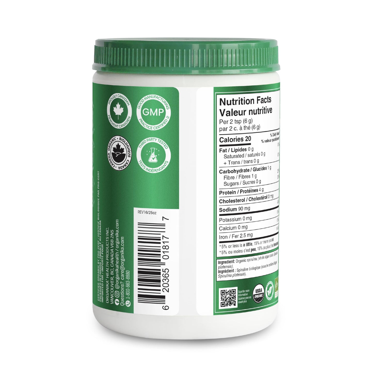 Organika Canadian-Made Certified Organic Spirulina Powder- Superfood, 3rd Party Tested, Pristine Sourcing, Vegan- 300g ๐ All In One Marketplace Canada