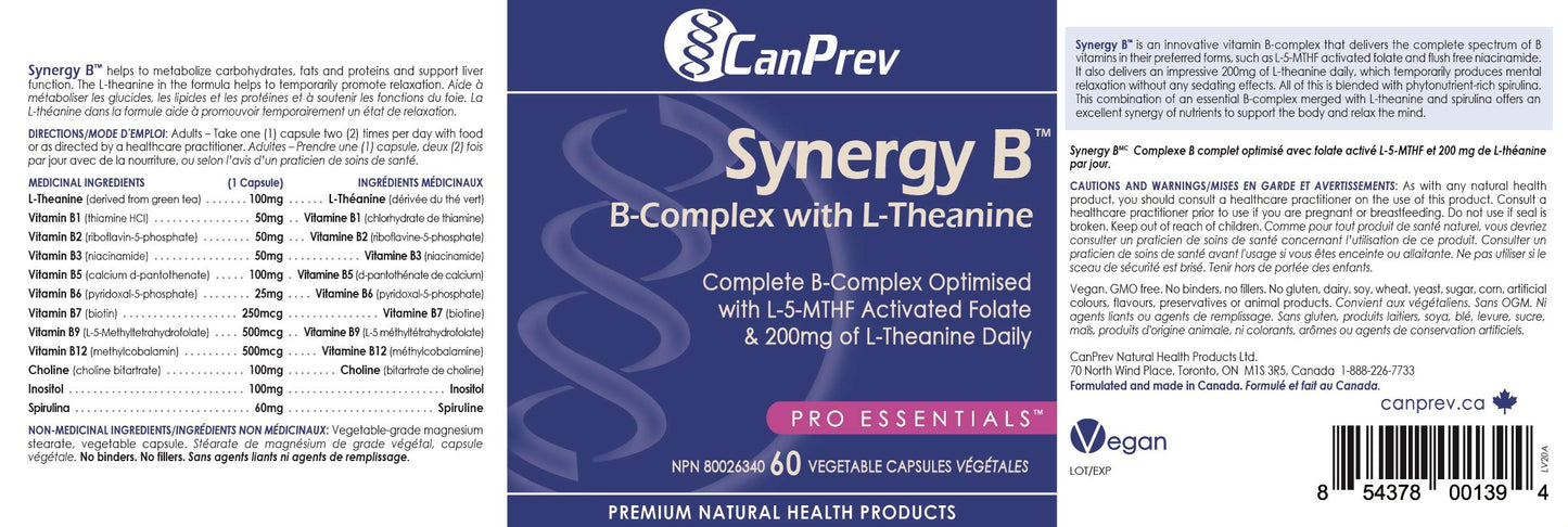 CanPrev Synergy B Complex 60 V-Caps 30-Day Supply - Vitamin B Supplement with L-Theanine 200mg - Complete B Complex Optimized with L-5-MTHF Activated Folate & Spirulina - Vegan, Non-GMO & Gluten-Free 🍁 All In One Marketplace Canada