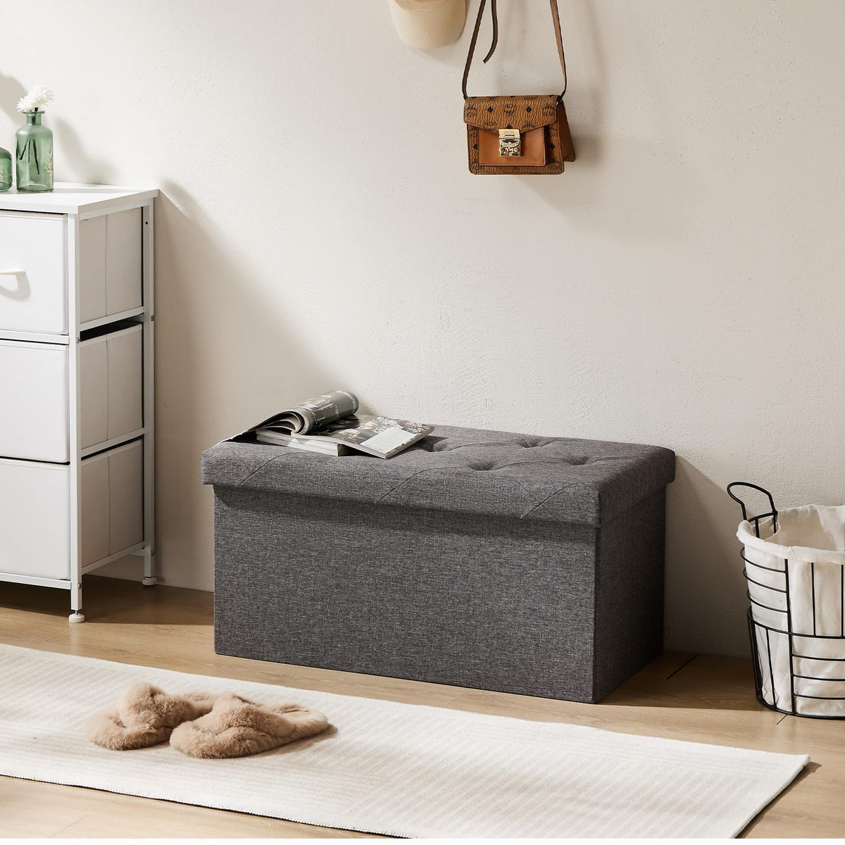 Sweetcrispy Folding Storage Ottoman Bench, Light Grey, Entryway Bench for Living Room, Ottomans with Storage for Bedroom, Heavy Duty 660 lbs Load Capacity, Linen Footrest Seat ๐ All In One Marketplace Canada