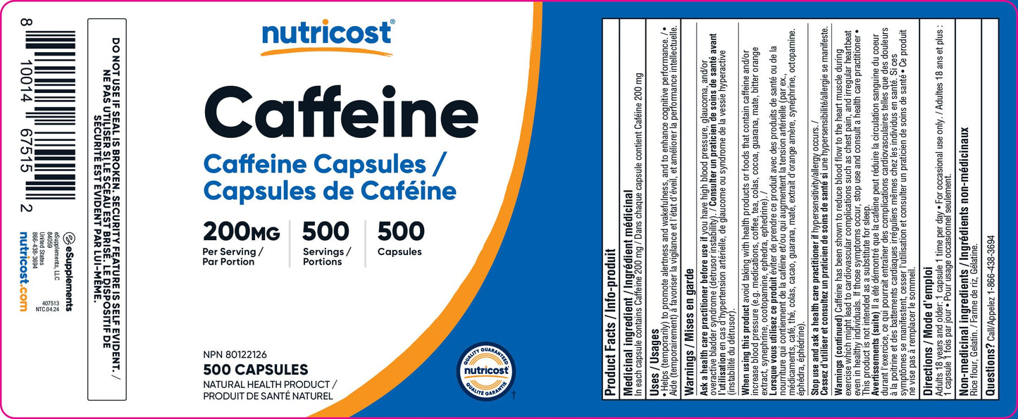 Nutricost Caffeine Pills (200mg) 500 Capsules ๐ All In One Marketplace Canada