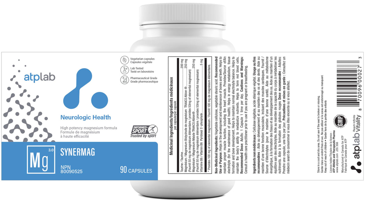 ATP LAB - Synermag 90 Capsules 90-Day Supply - High potency Magnesium Bisglycinate, Malate, Taurine & Vitamin B6 - Bone Health Supplement - Muscle Health & Teeth Health ๐ All In One Marketplace Canada