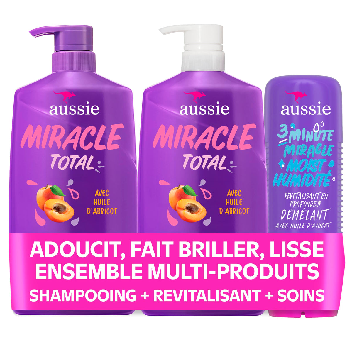 Aussie Total Miracle 3-Piece Set: Shampoo 778 mL, Conditioner 778 mL, 3 Minute Miracle Deep Conditioner Hair Treatment 236 mL, Infused with Apricot and Australian Macadamia Oil, 1.79 L Total đ All In One Marketplace Canada