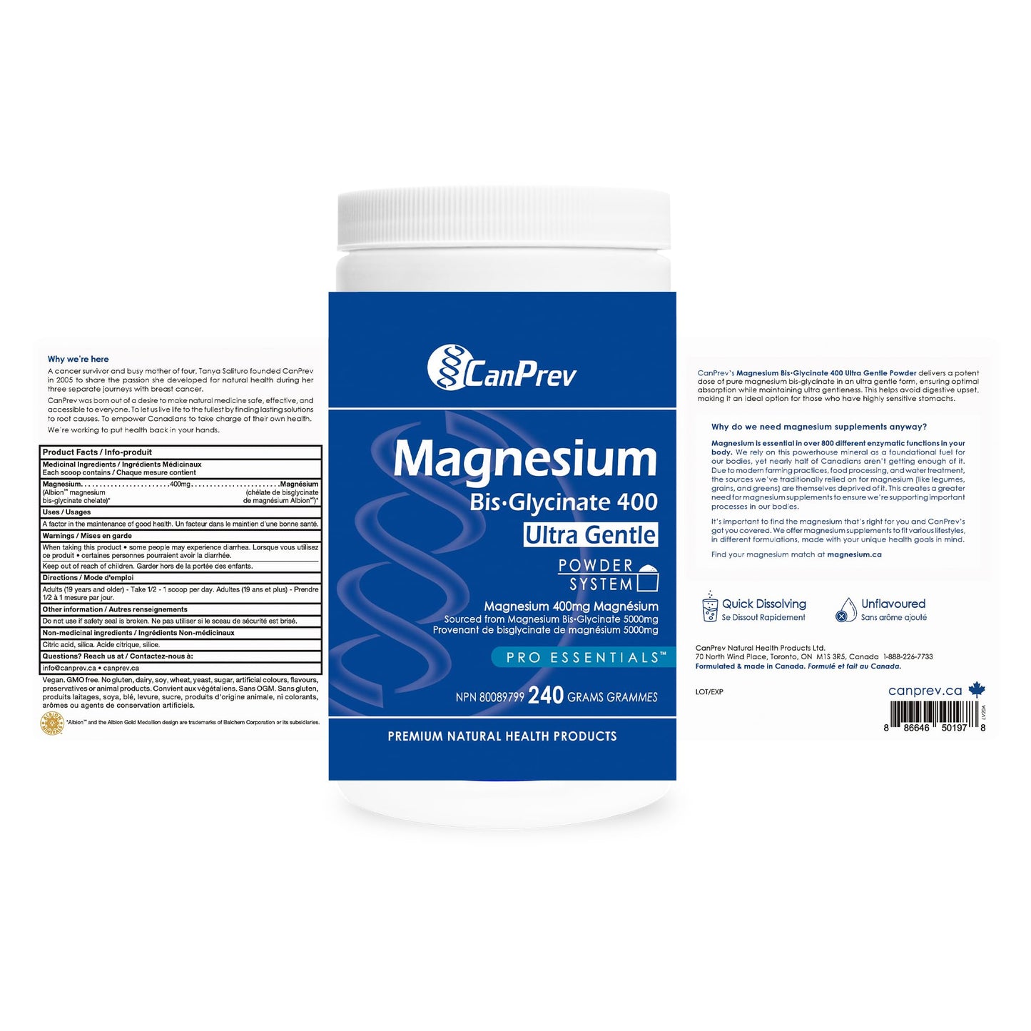 CanPrev Magnesium Bisglycinate Ultra Gentle 240g Powder 48-Servings - 400mg of Pure Elemental Magnesium Per Scoop - Chelated Complex - Muscle Health, Calm, Relaxation, Bone Health and Cramp Relief ๐ All In One Marketplace Canada
